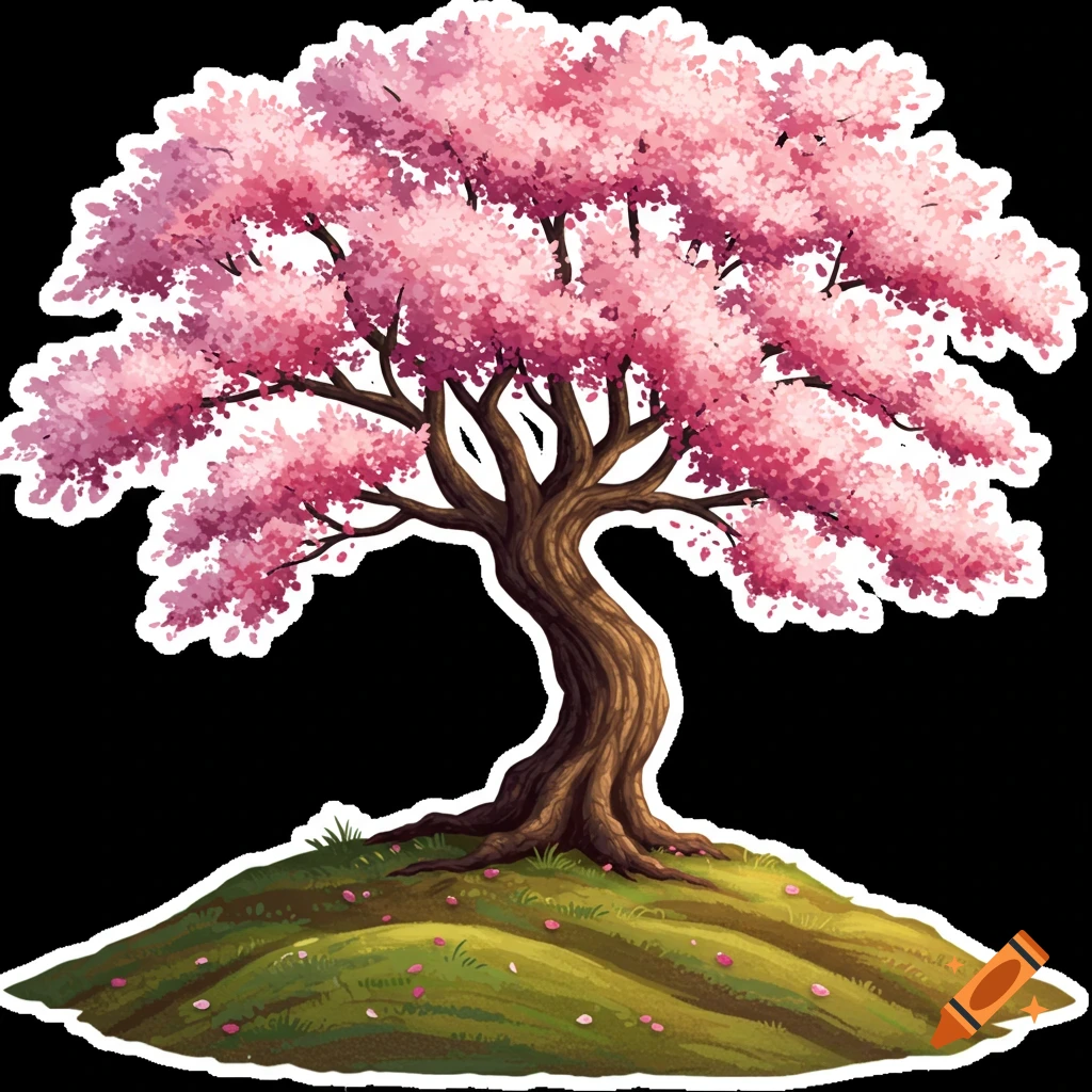 Stylized cherry blossom tree on a grassy hill, sticker illustration.
