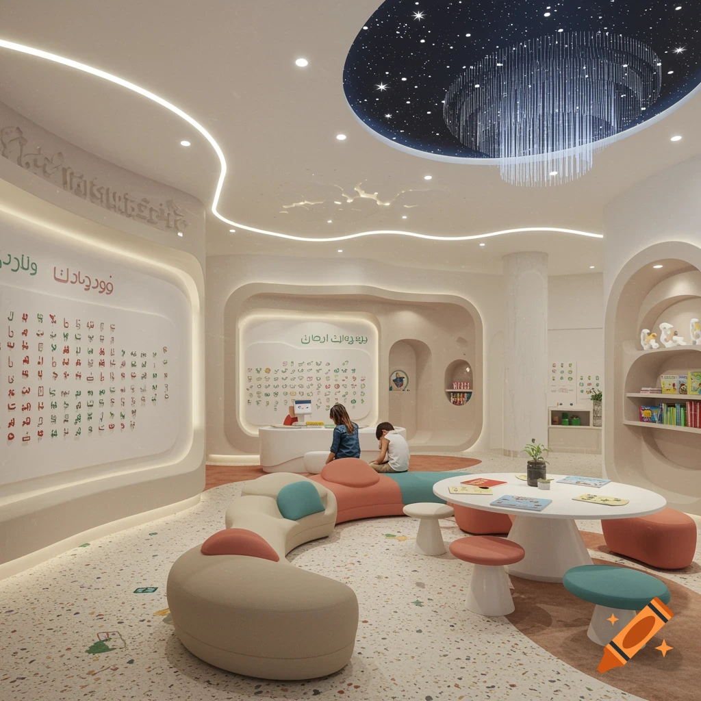 Modern 3D render of a colorful children's cultural center lobby with curved walls, starry ceiling, and playful furniture.
