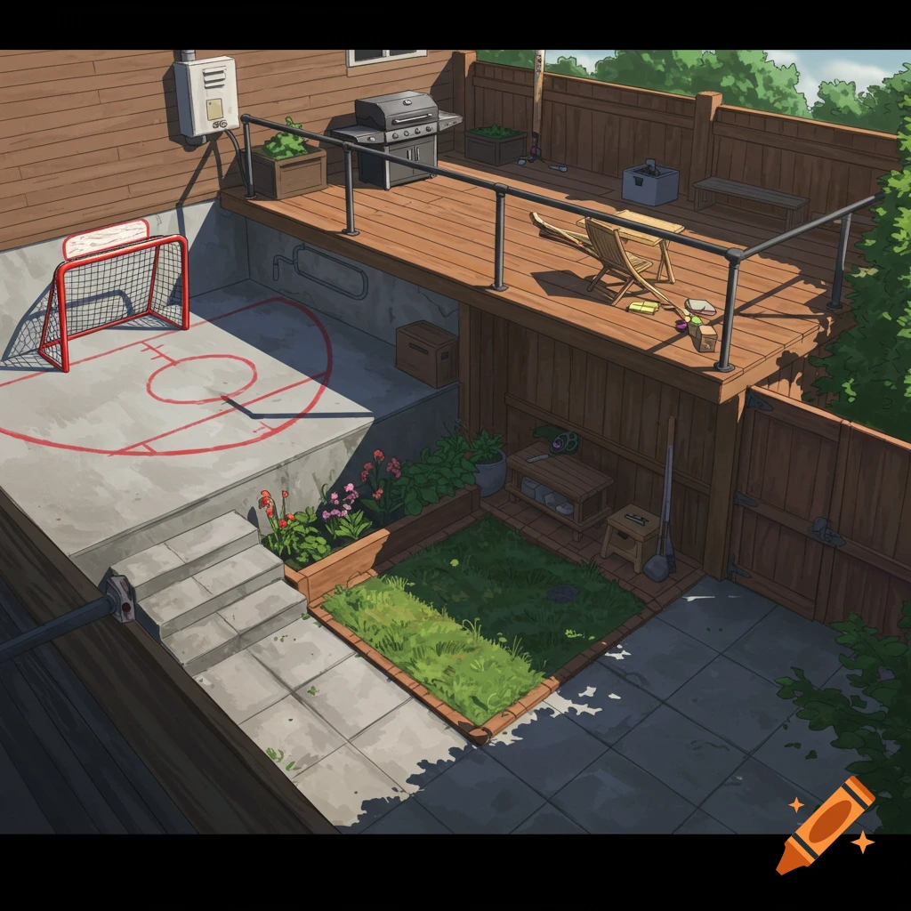 A two-level backyard with a concrete hockey area and a wooden deck with a grill and garden.