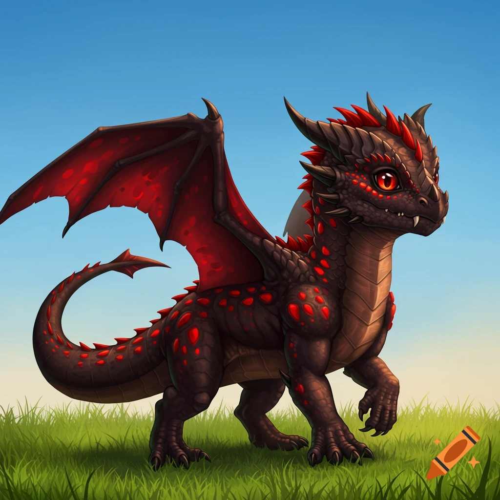A cute cartoon baby dragon with dark scales, red spots, and red wings stands in a grassy field under a blue sky.