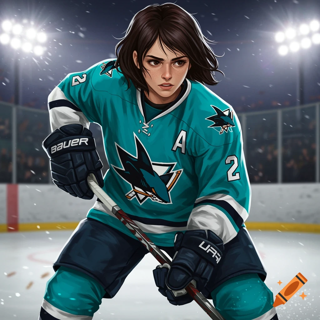 A young female hockey player in a teal jersey is on the ice, holding a stick.