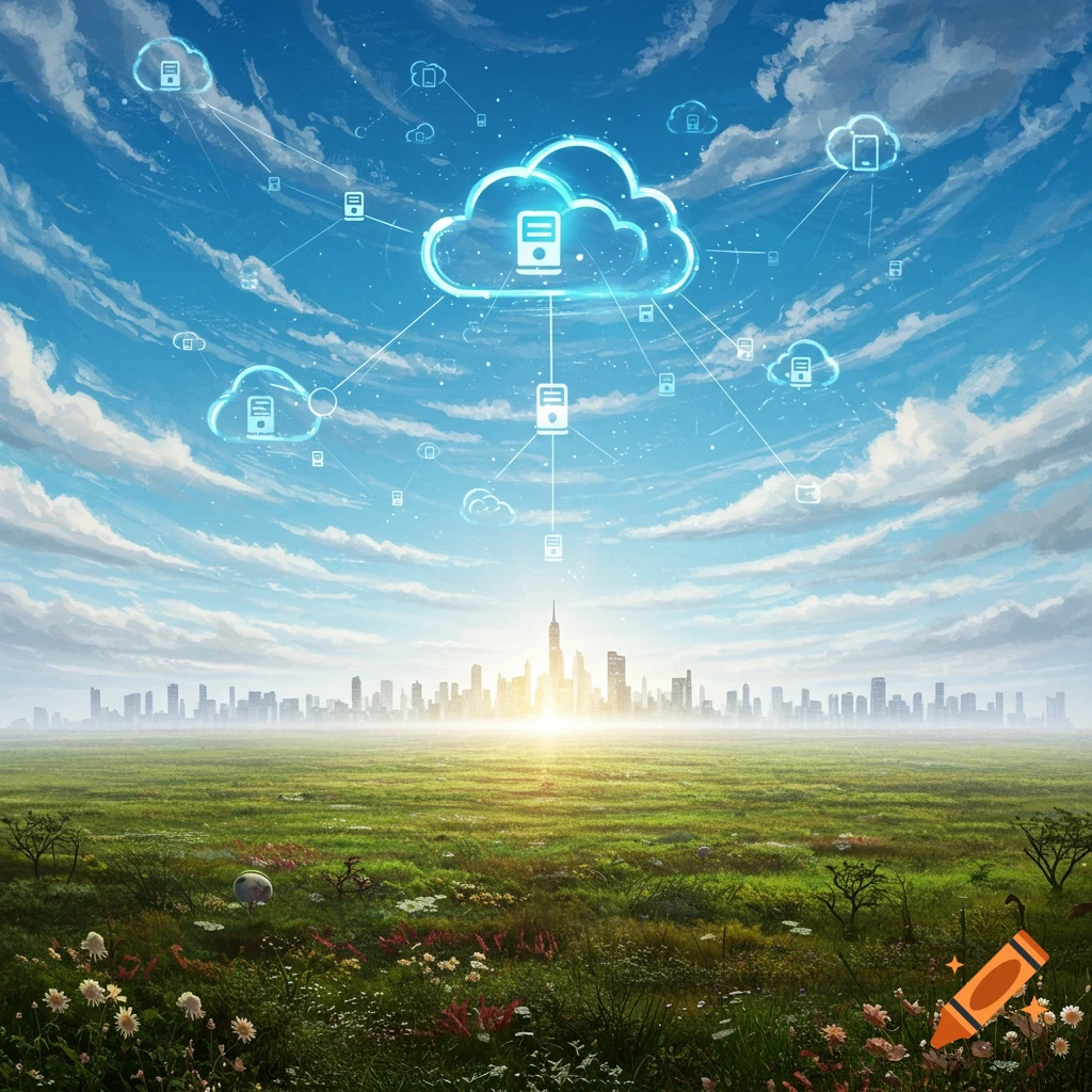 A landscape with a city skyline under a sky filled with cloud computing icons.