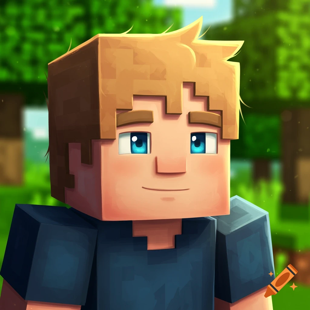 Blocky boy character in Minecraft style with blue eyes and blond hair against a pixelated forest background.
