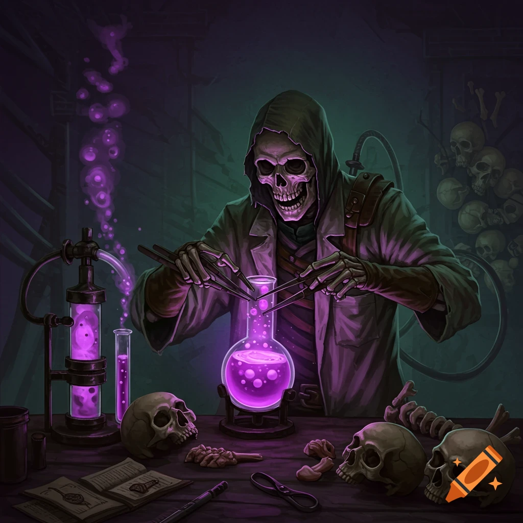 A skeleton scientist in a dark laboratory, mixing glowing purple liquid in flasks.