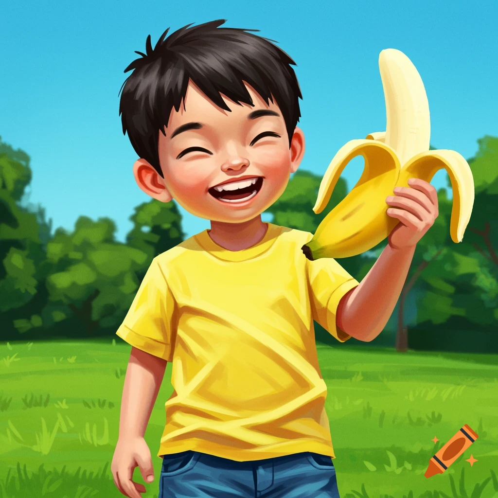Cartoon illustration of a happy boy holding a peeled banana in a park.