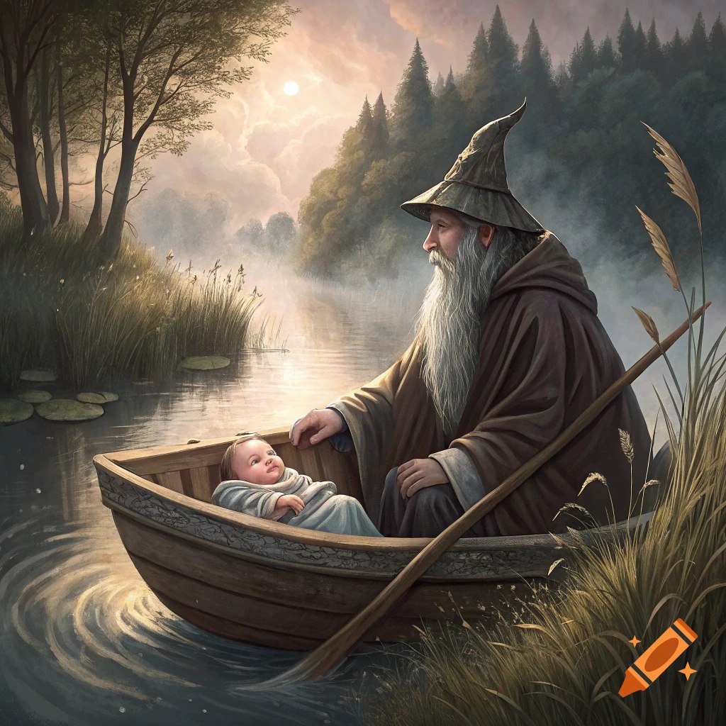 A wizard rows a boat with a baby on a foggy river at sunrise, surrounded by reeds and trees.