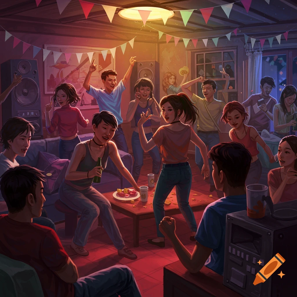 A group of people dancing and socializing at a vibrant house party with festive decorations.