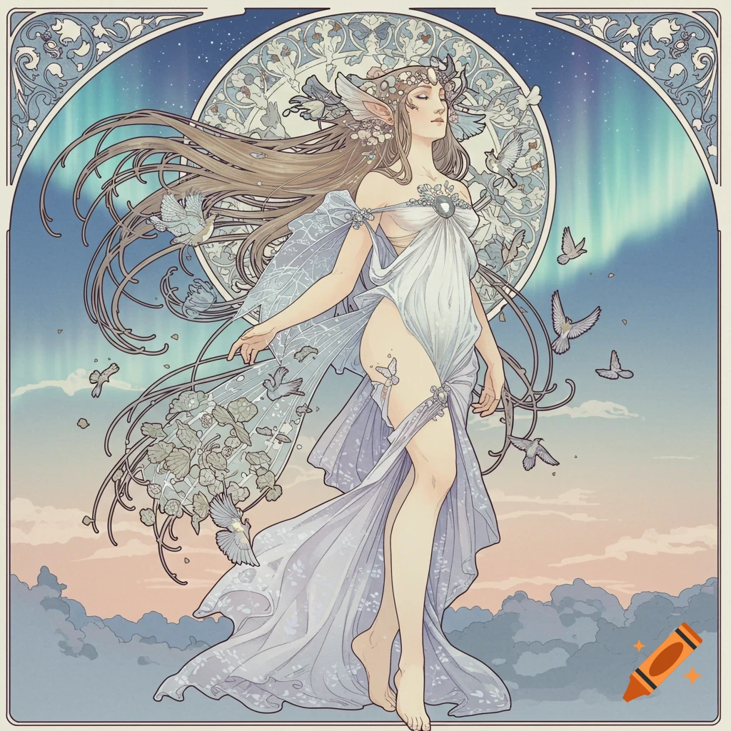 Art Nouveau fantasy illustration of an ethereal figure with flowing hair and birds against a sky with aurora