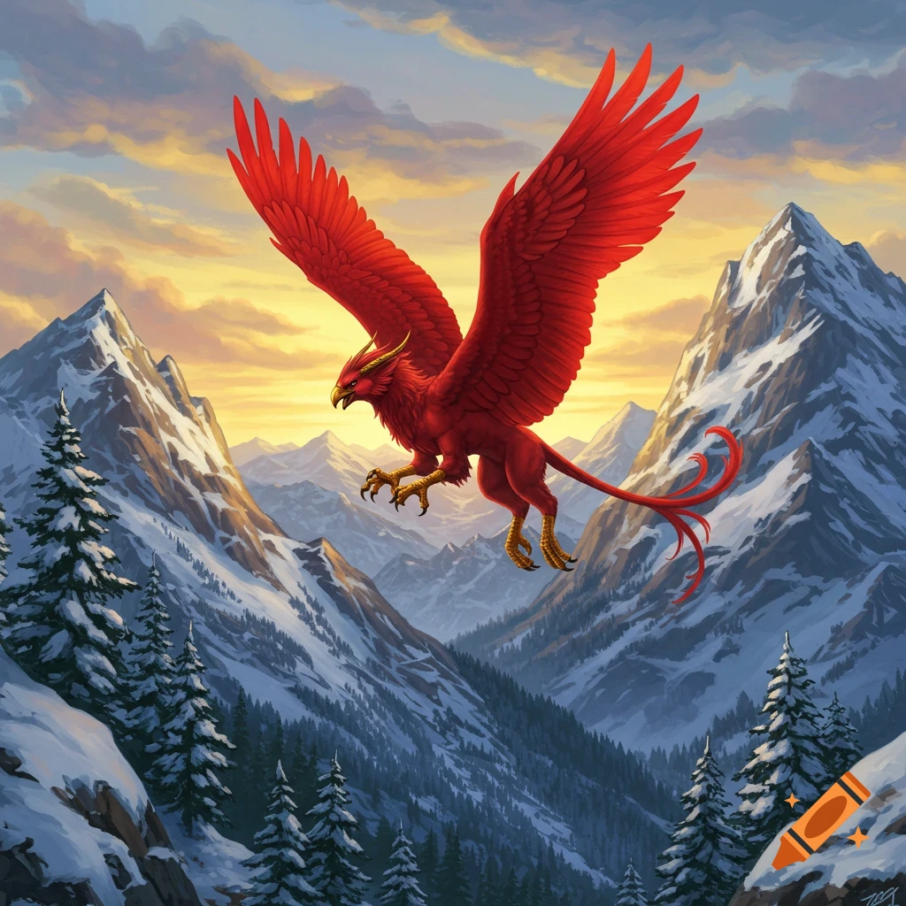 A red gryphon flies with outstretched wings over snowy mountains under a dramatic sunset sky.