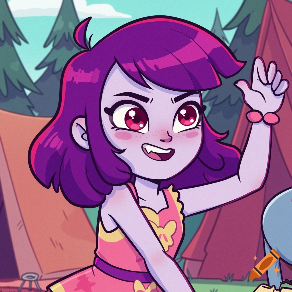 Cartoon illustration of a girl with purple hair and red eyes smiling in a camp setting.