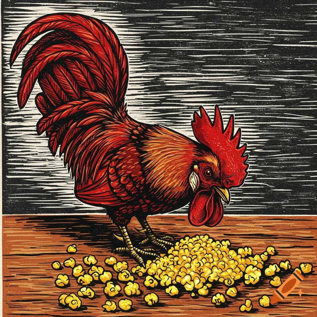 A red rooster eating yellow popcorn on a table, in a woodcut print style.