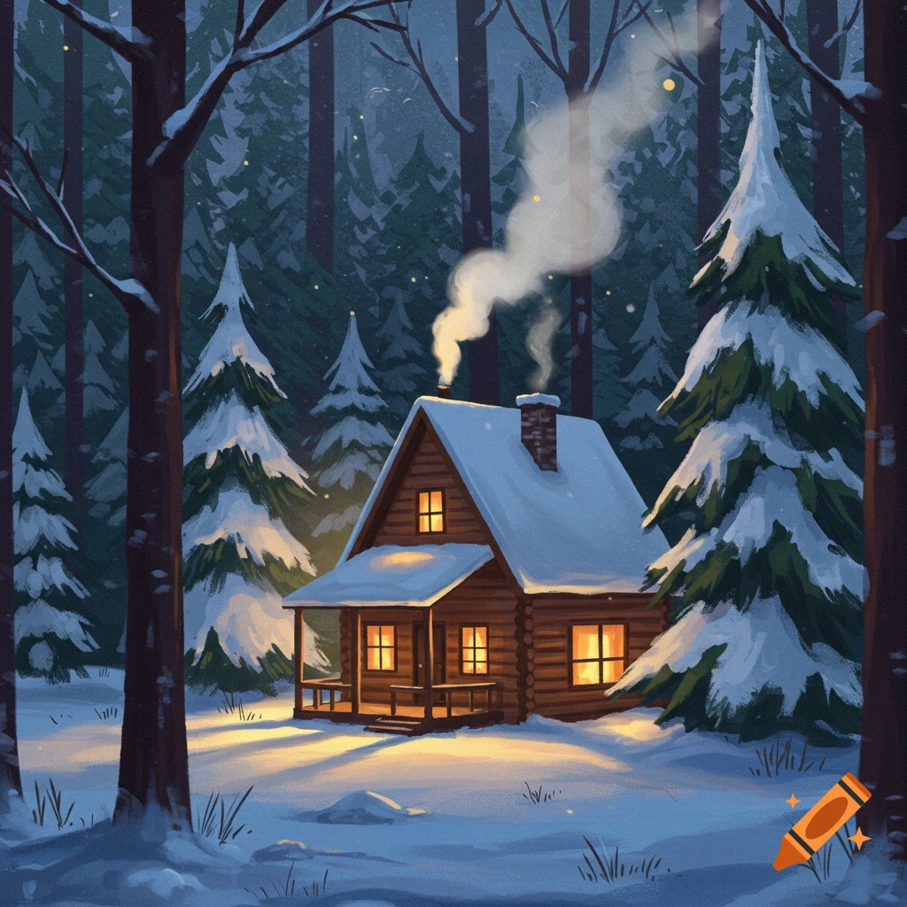 A cozy log cabin in a snowy forest with lights in the windows and smoke from the chimney.