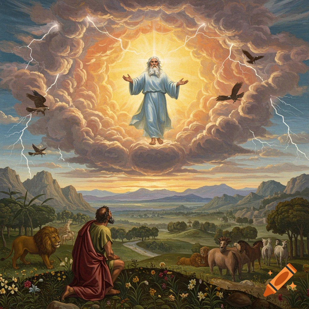 A divine figure in bright light is shown above clouds, with a kneeling man in a landscape featuring animals, mountains, and stormy skies.