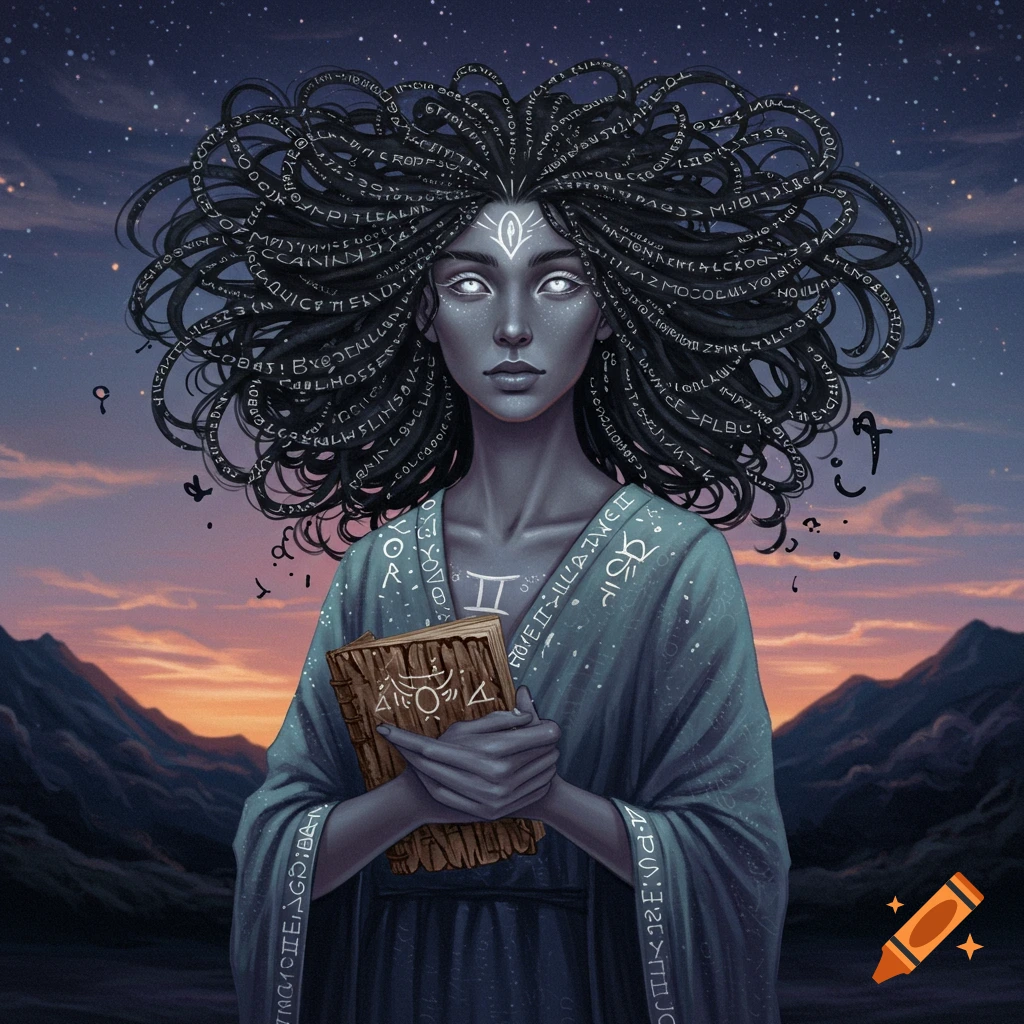 Fantasy art of a woman with glowing eyes and dark hair filled with symbols, holding a book, against a starry sunset sky over mountains.