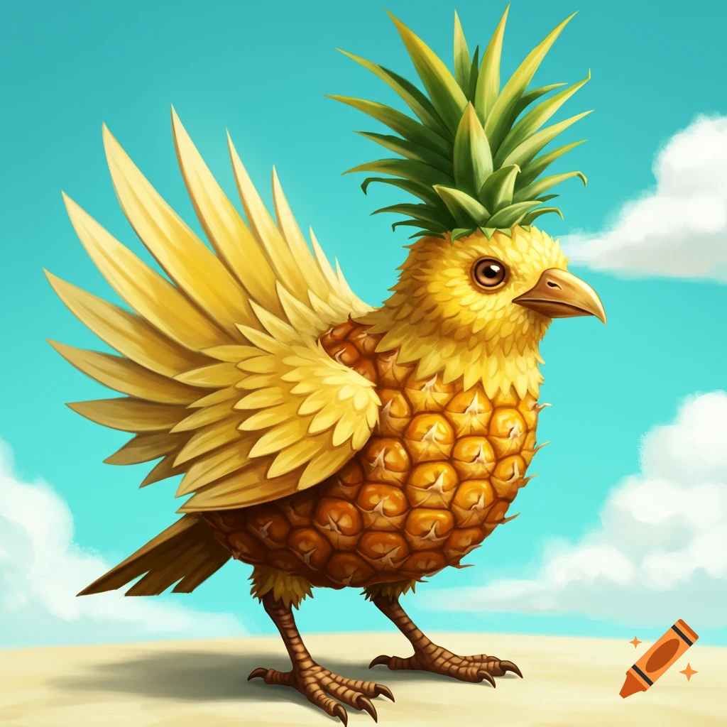 A bird creature with a pineapple body and head stands on sand under a blue sky.
