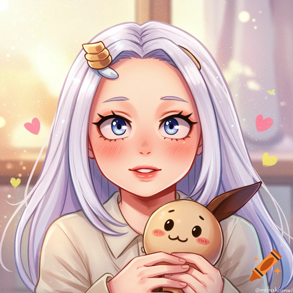Anime girl with white hair and blue eyes holding a stuffed toy in a gentle style.