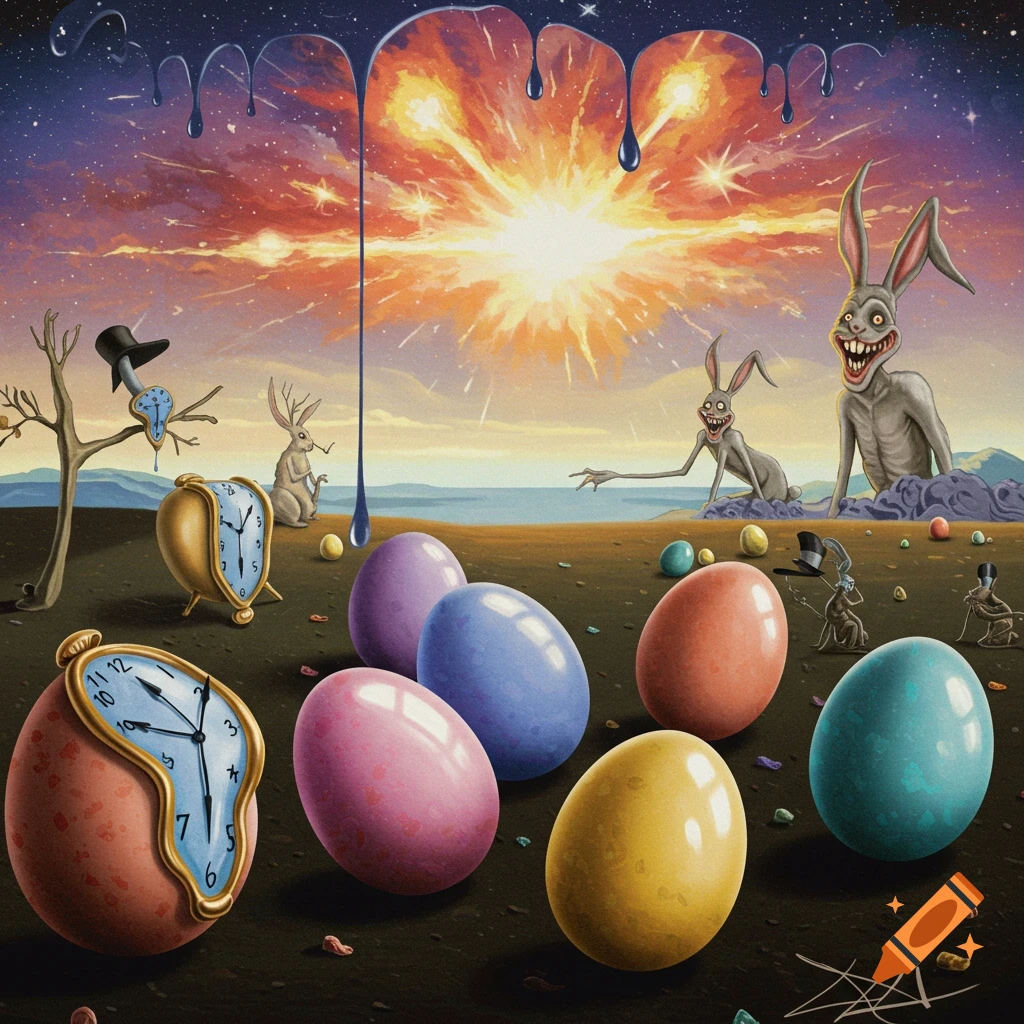 Surreal image of melting clocks, Easter eggs, and strange rabbits in a landscape.