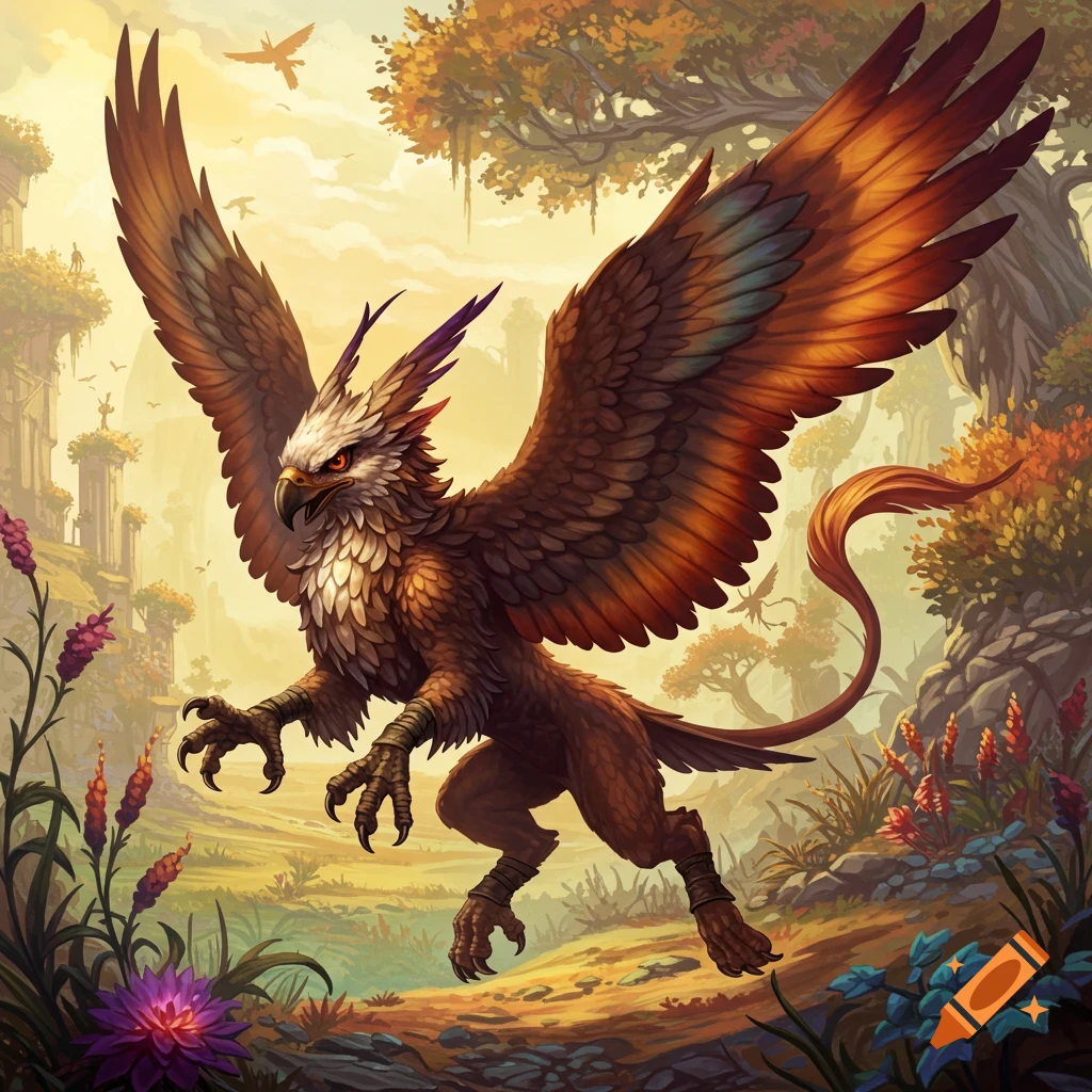 A majestic griffin flies through a fantasy landscape.