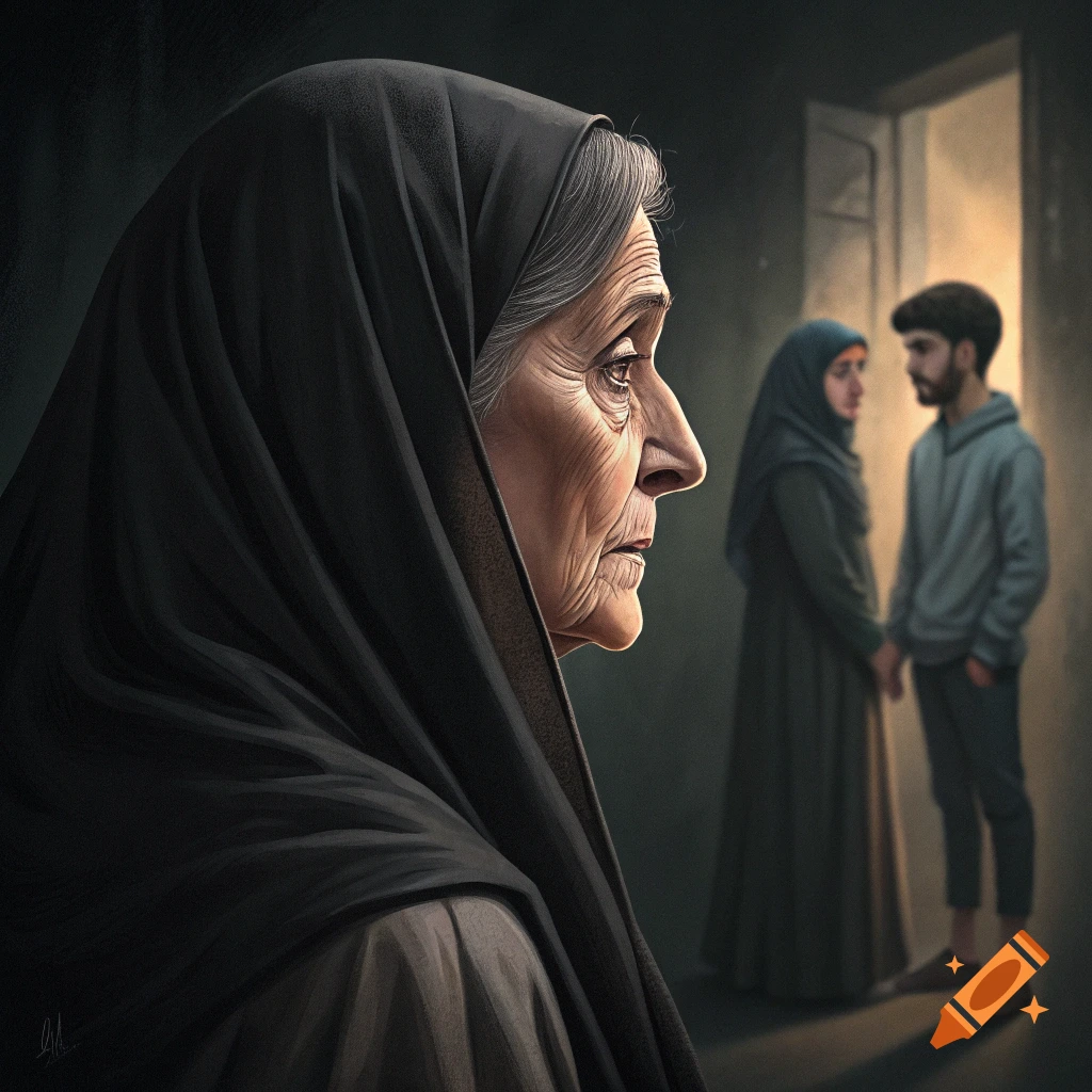Illustrative profile of an older woman in a black veil looking away from a young couple in the background.