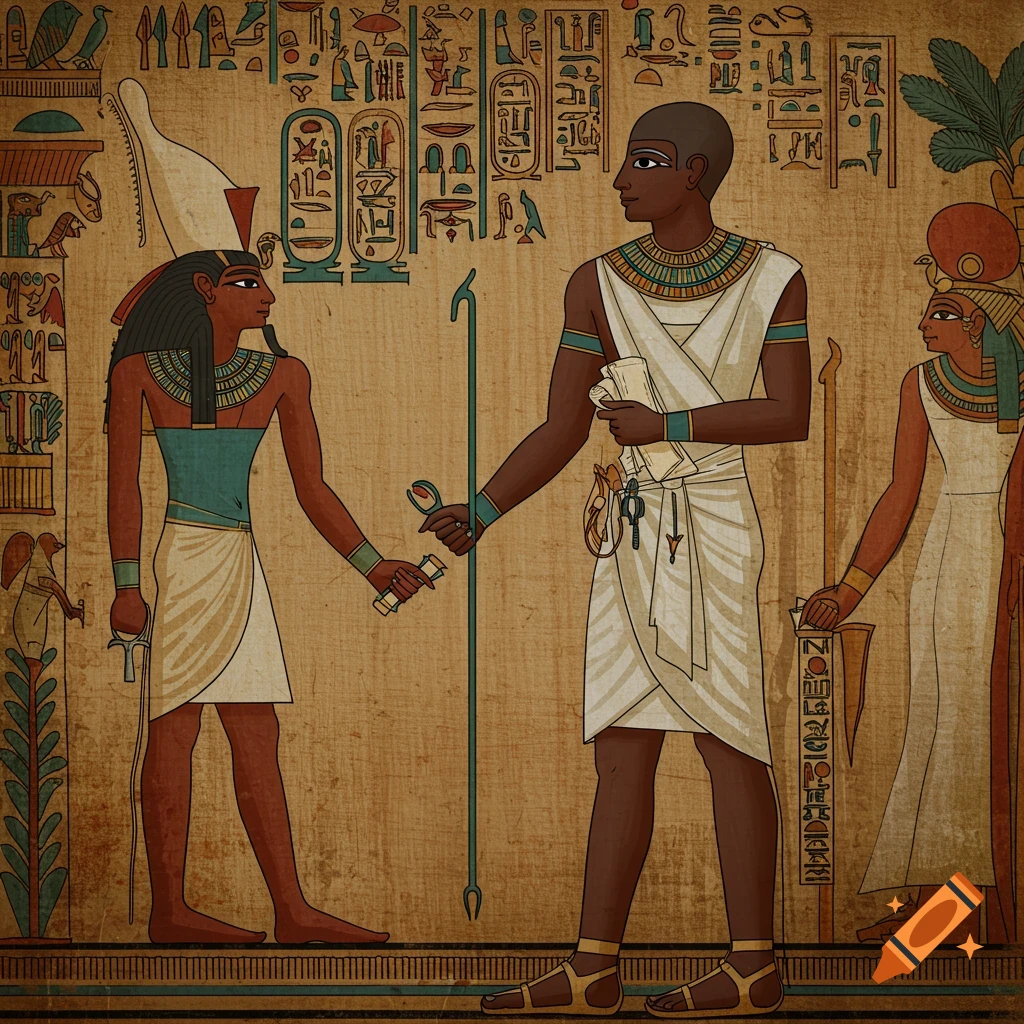 Ancient Egyptian figures with hieroglyphs