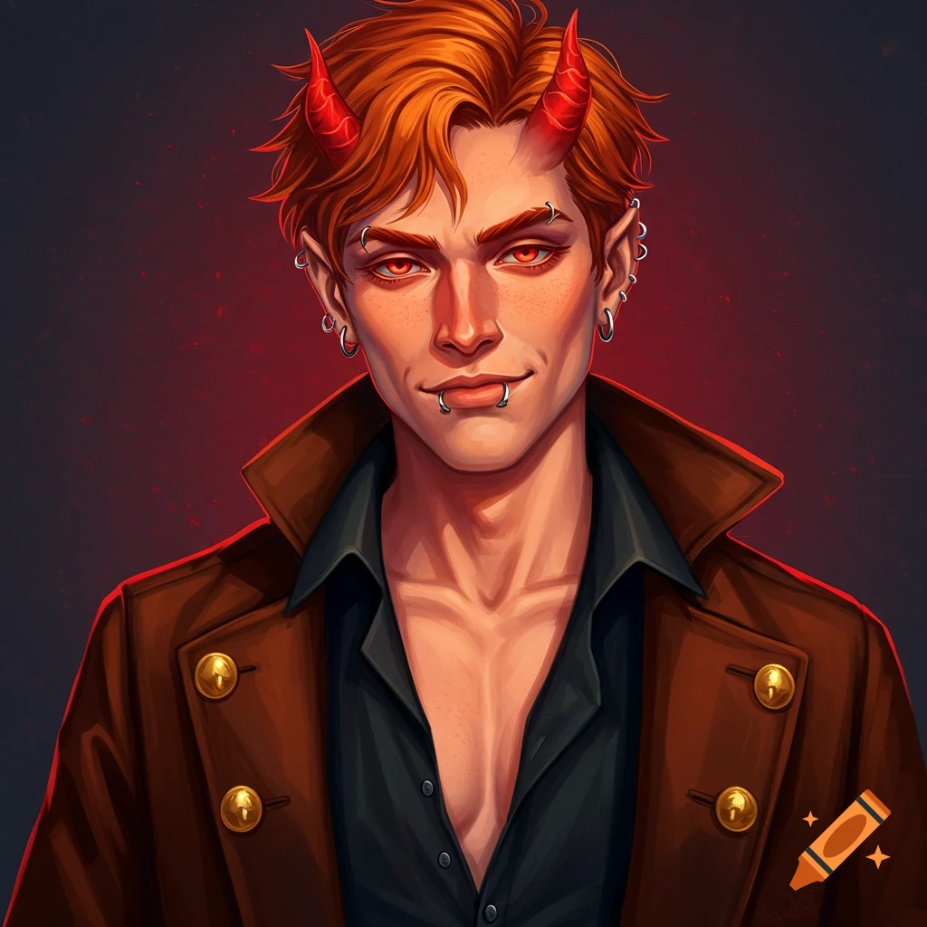 A man with red horns, glowing red eyes, and piercings, wearing a brown coat and black shirt.