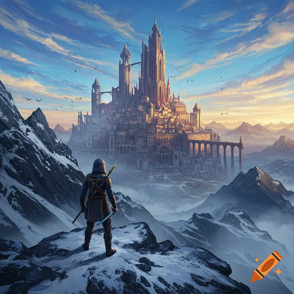 A person stands on a snowy mountain, looking at a fantasy city in the distance.