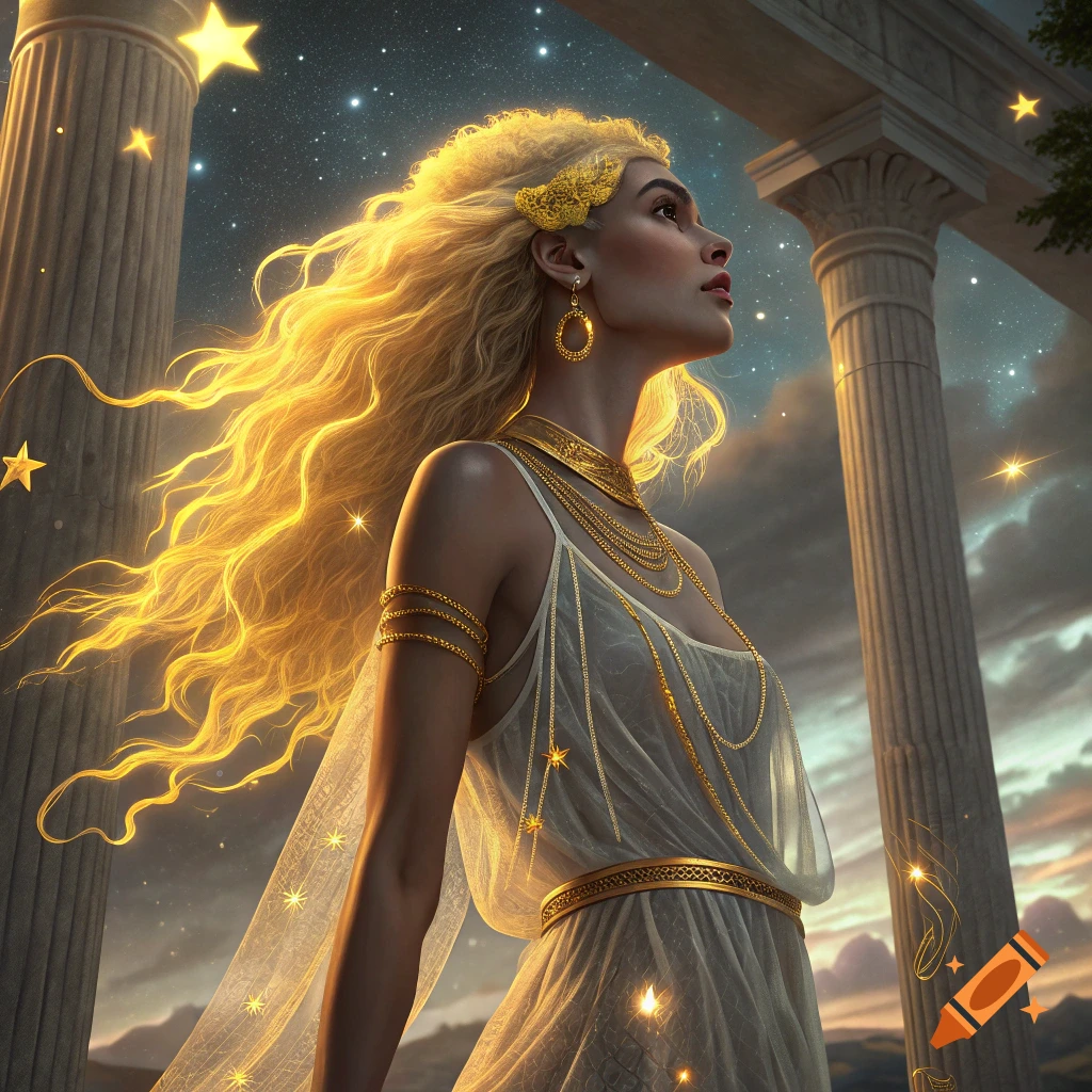 A woman with glowing blonde hair and golden jewelry stands among classical columns under a starry night sky.