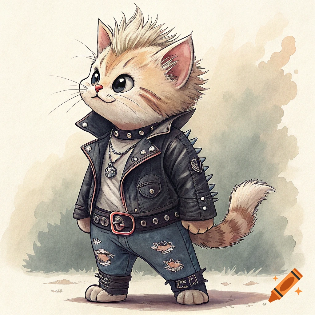 Cute cartoon cat dressed in punk style with a mohawk and leather jacket, illustration.