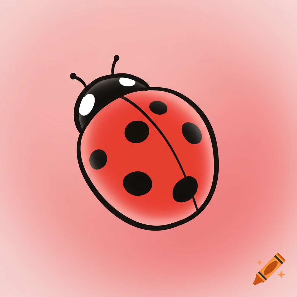 A simple digital illustration of a red ladybug with black spots on a pink background.
