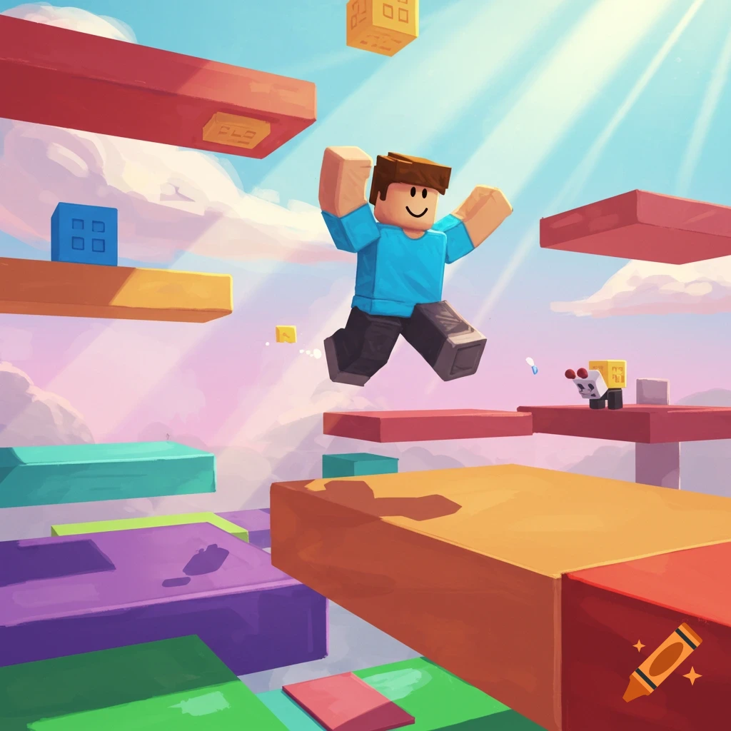 A blocky character jumping across colorful platforms in the sky