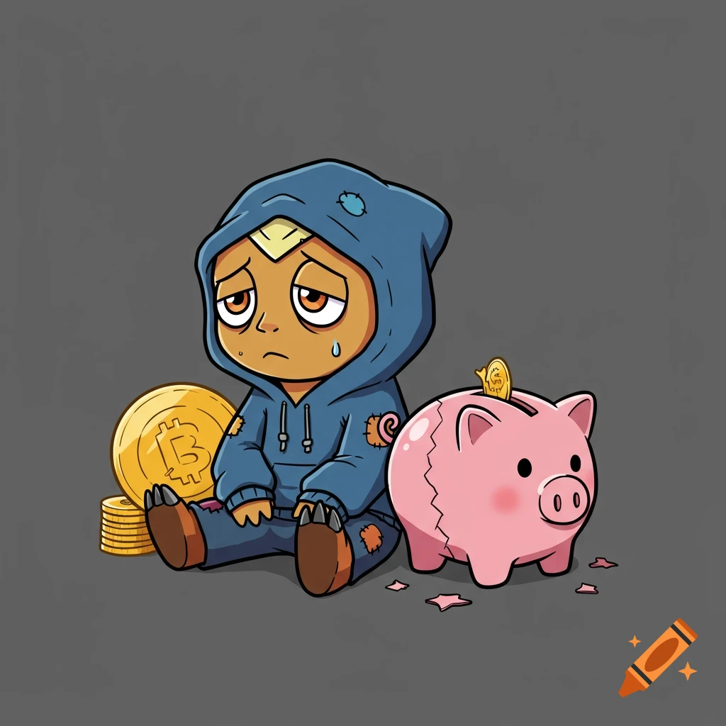 Sad cartoon character in torn clothes next to a broken piggy bank and bitcoin coins.