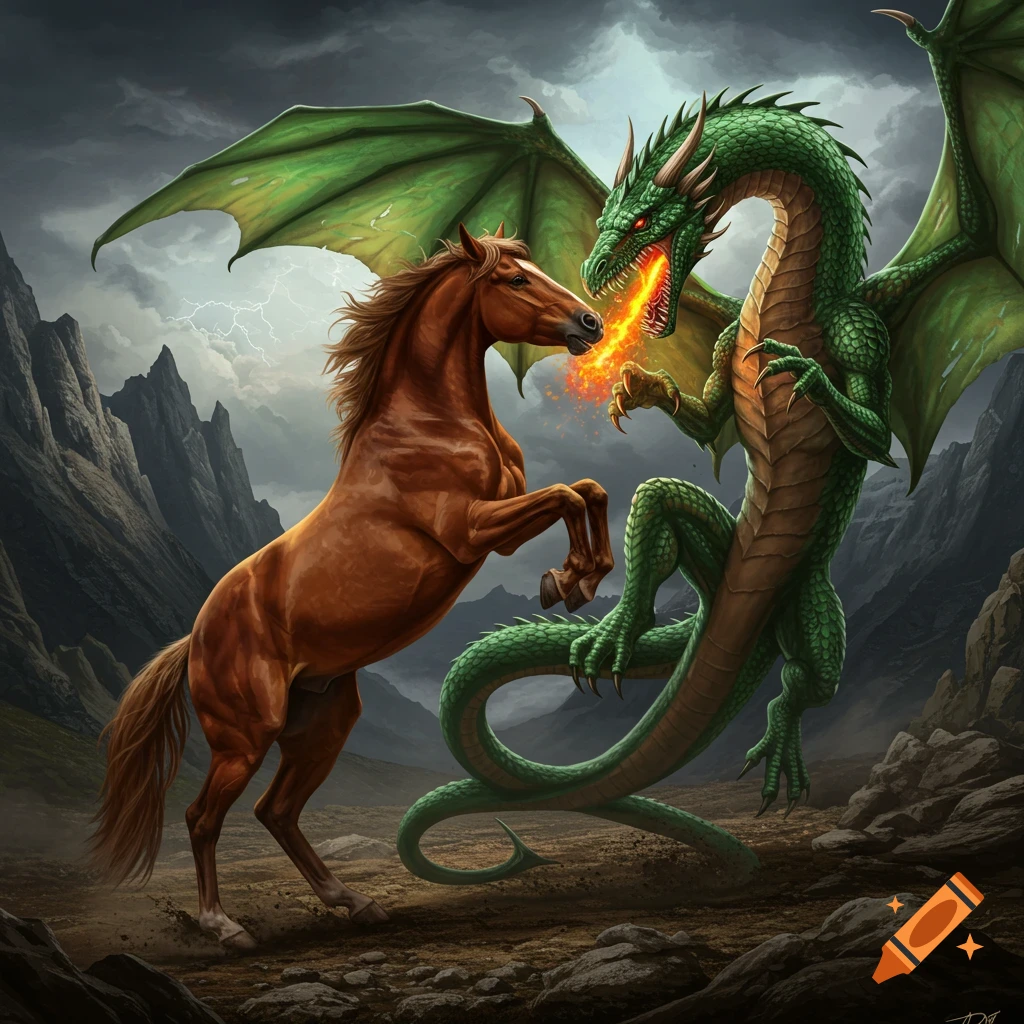 Brown horse fighting a green dragon breathing fire under a stormy sky in a rocky landscape.