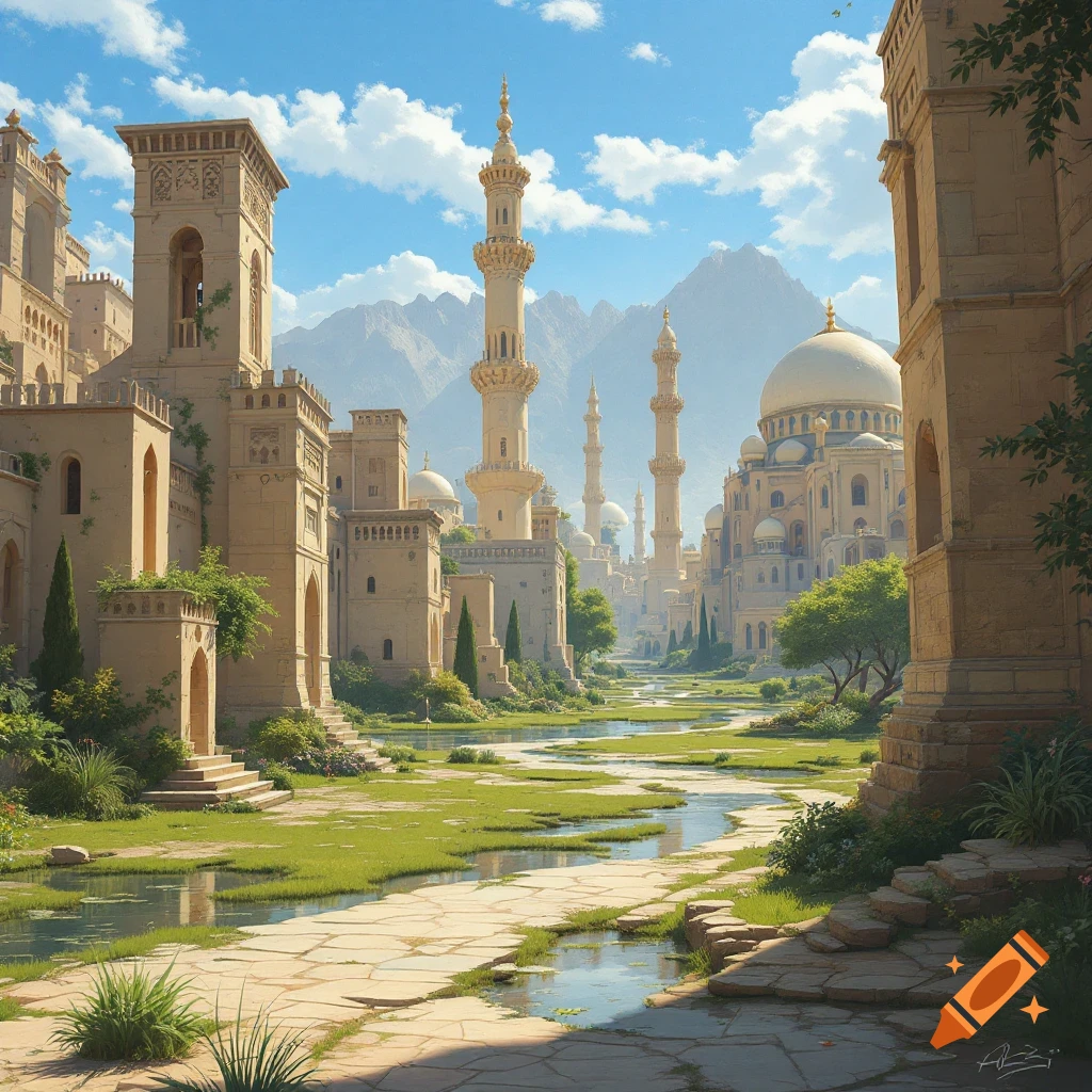 Ornate fantasy architecture resembling mosques and palaces, set along a river with mountains and cloudy sky.