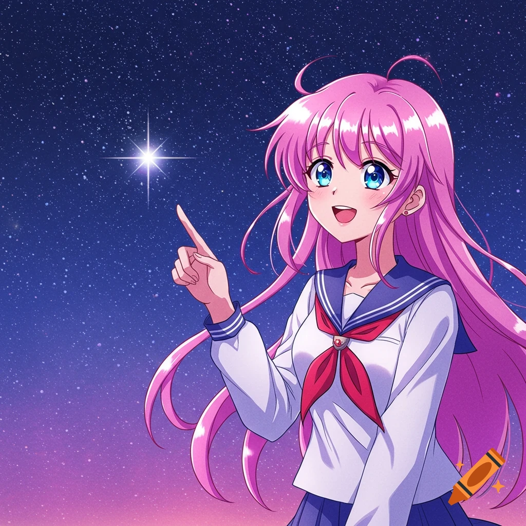 Anime girl in school uniform pointing at a bright star in the night sky.