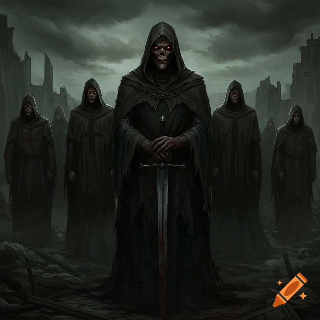 Multiple hooded figures with glowing red eyes and skeletal faces are standing in ruins, one holds a large sword.