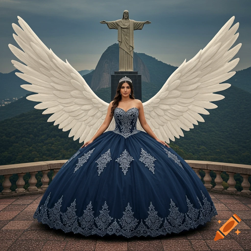 A woman in a large blue quince dress with white wings stands on a balcony overlooking the Christ the Redeemer statue in Rio de Janeiro.