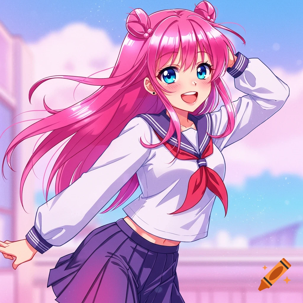 Anime girl with pink hair and a sailor uniform smiling outdoors