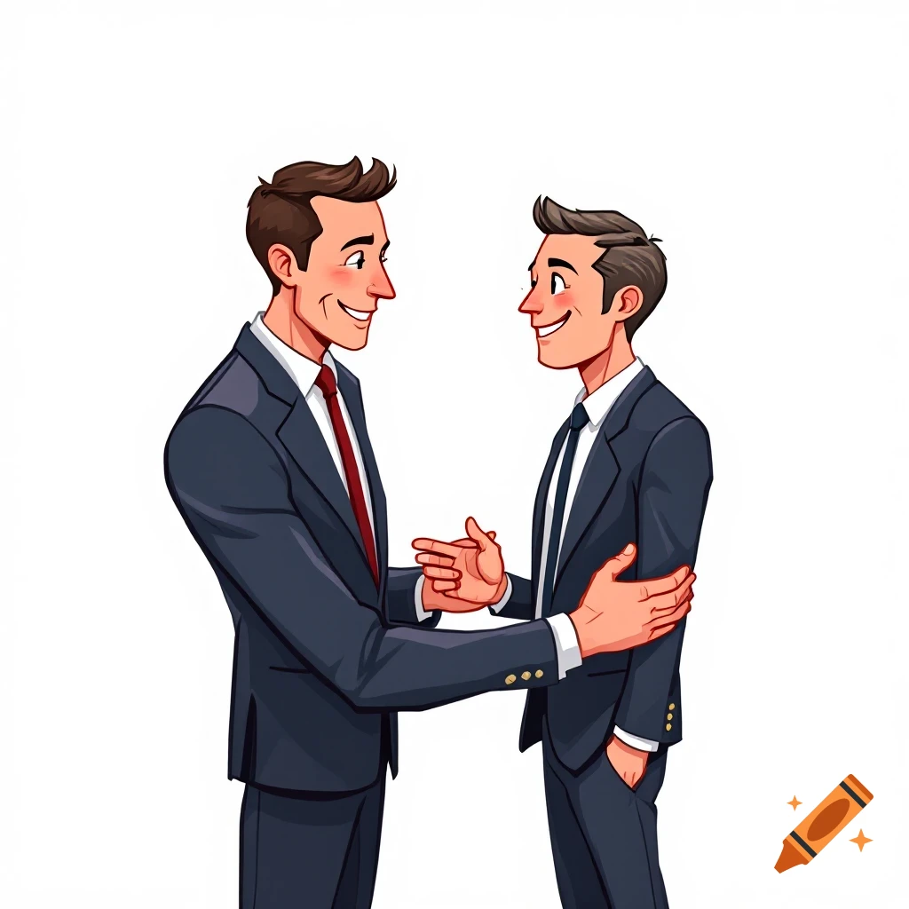 Cartoon illustration of two men in suits shaking hands and embracing.