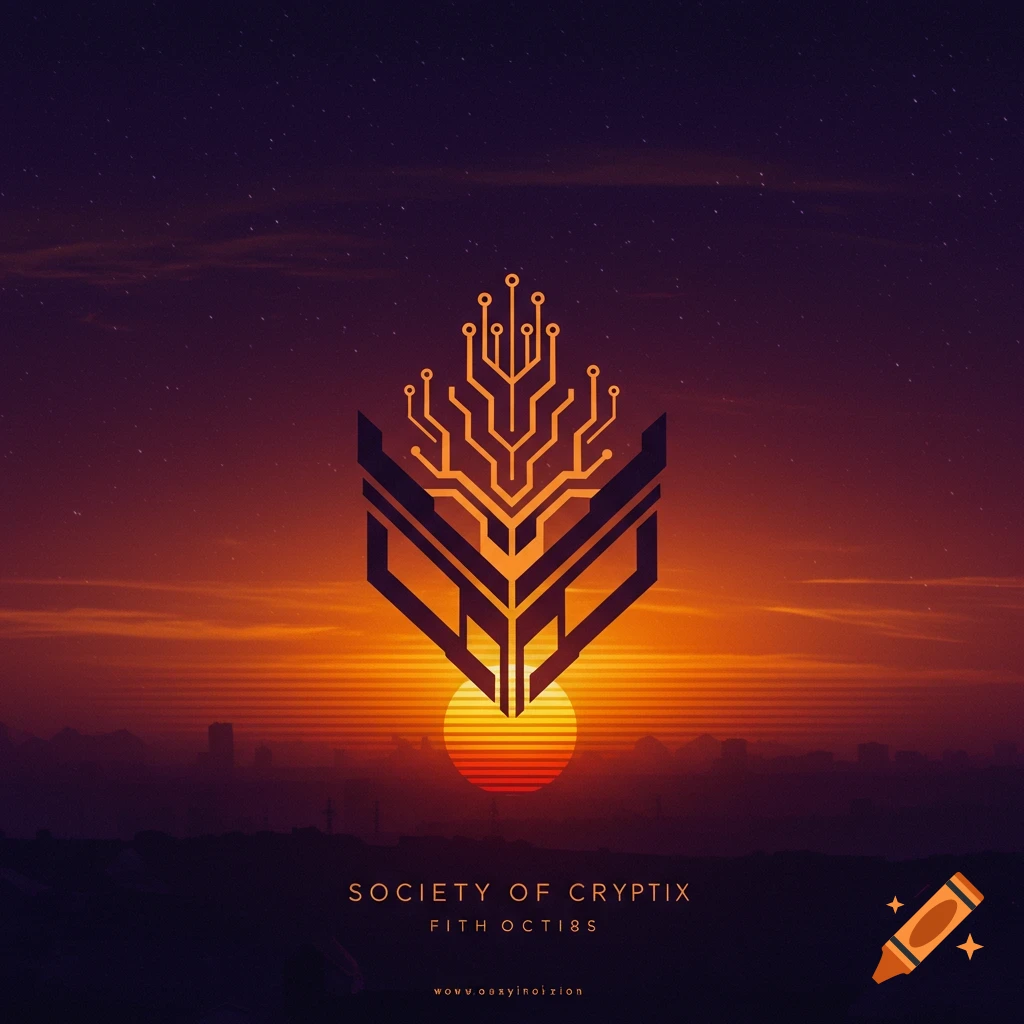 A futuristic logo featuring circuits and geometric shapes over a sunset skyline.
