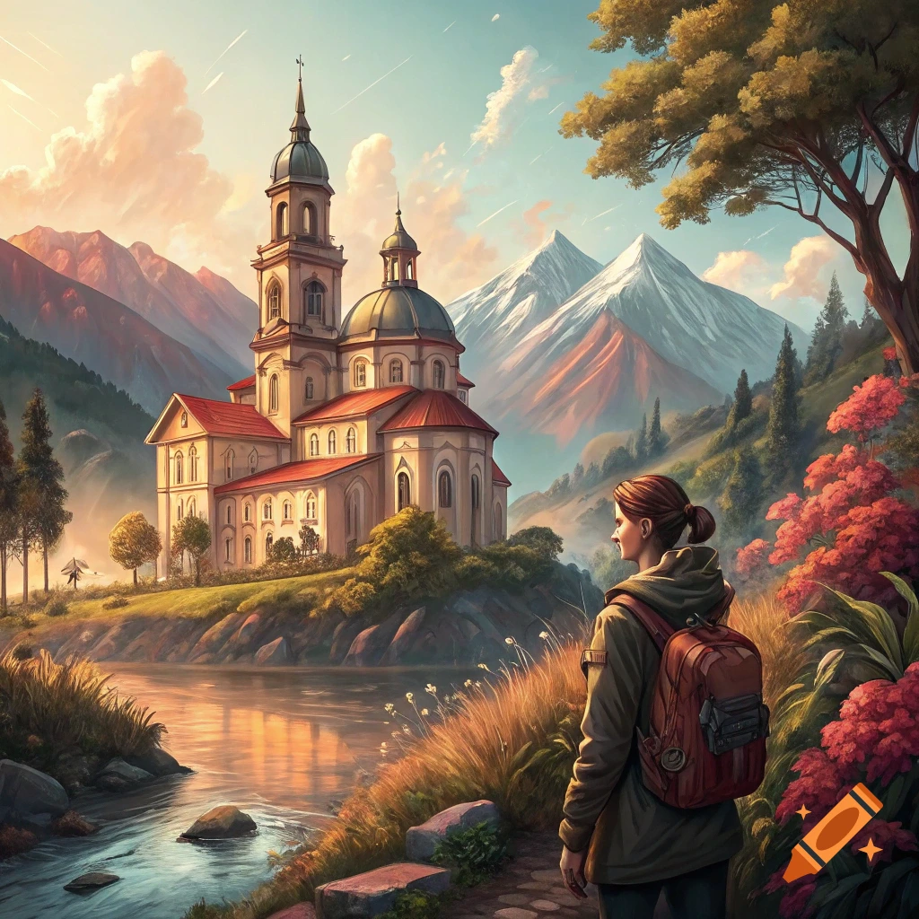 Person with backpack views a cathedral by a river in a mountainous landscape.