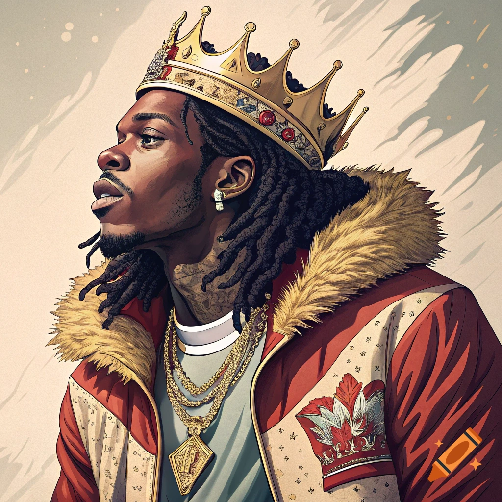 Illustration of a man with dreadlocks wearing a golden crown and red fur-lined jacket