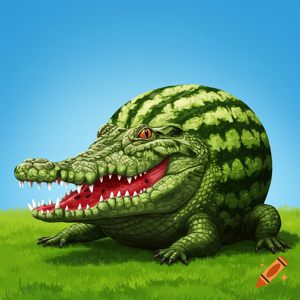 A creature hybridizing a crocodile and a watermelon on grass under a blue sky.