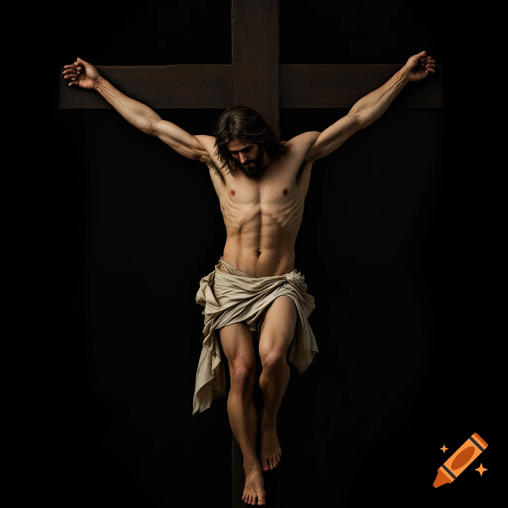 Photorealistic full body depiction of Jesus Christ on the cross against a dark background.
