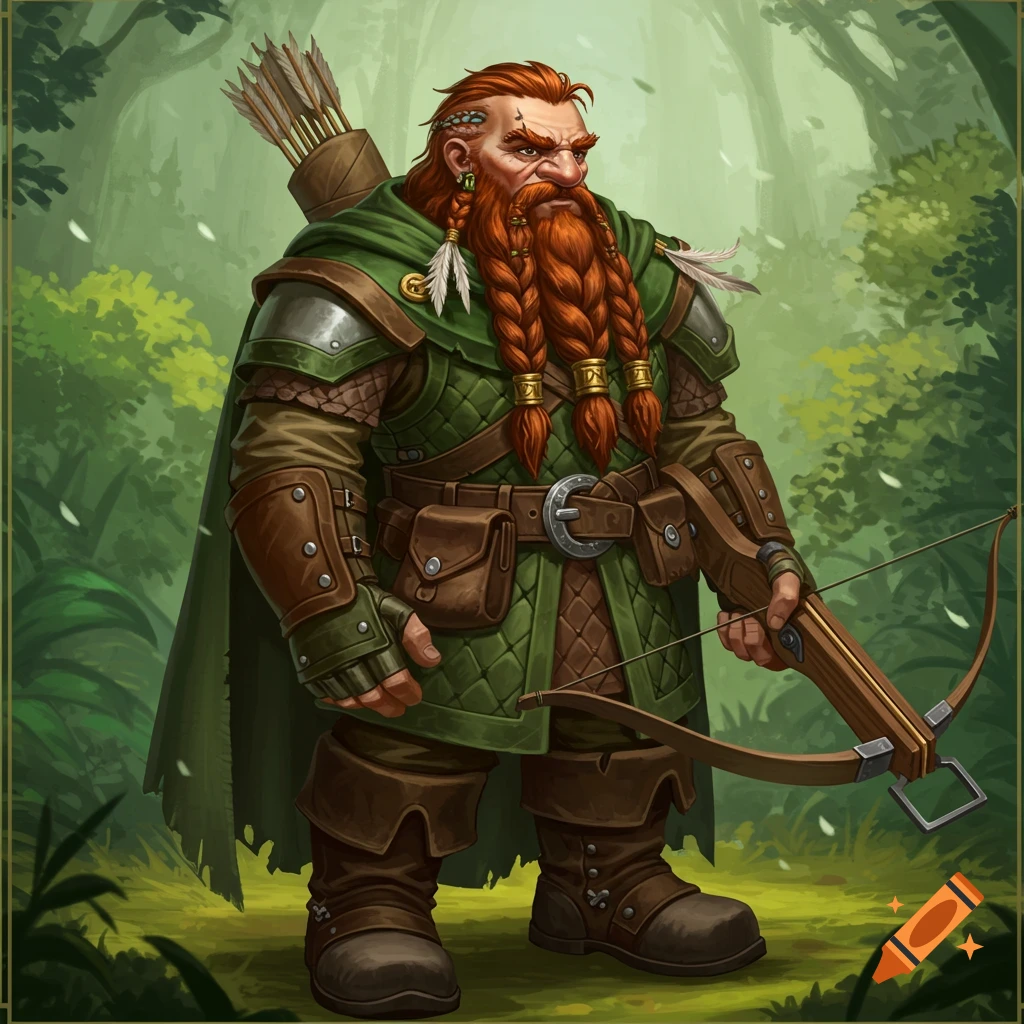 A dwarf ranger in green gear holding a crossbow in a forest.