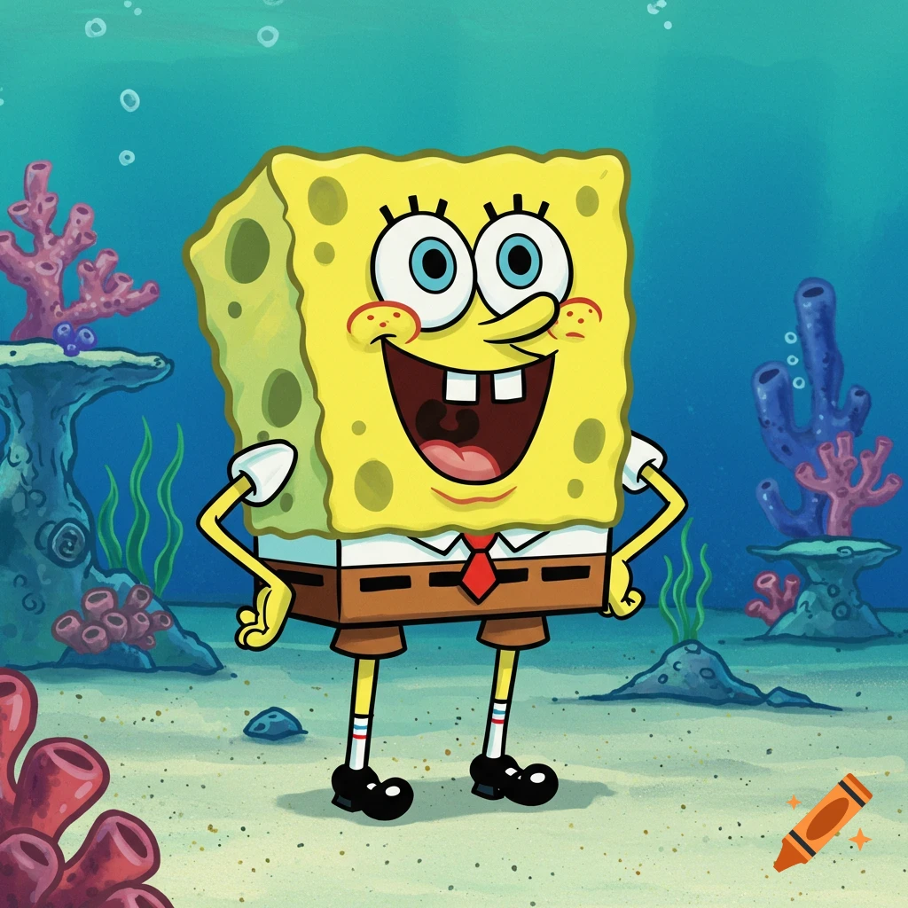 Cartoon of Spongebob Squarepants standing underwater in Bikini Bottom.