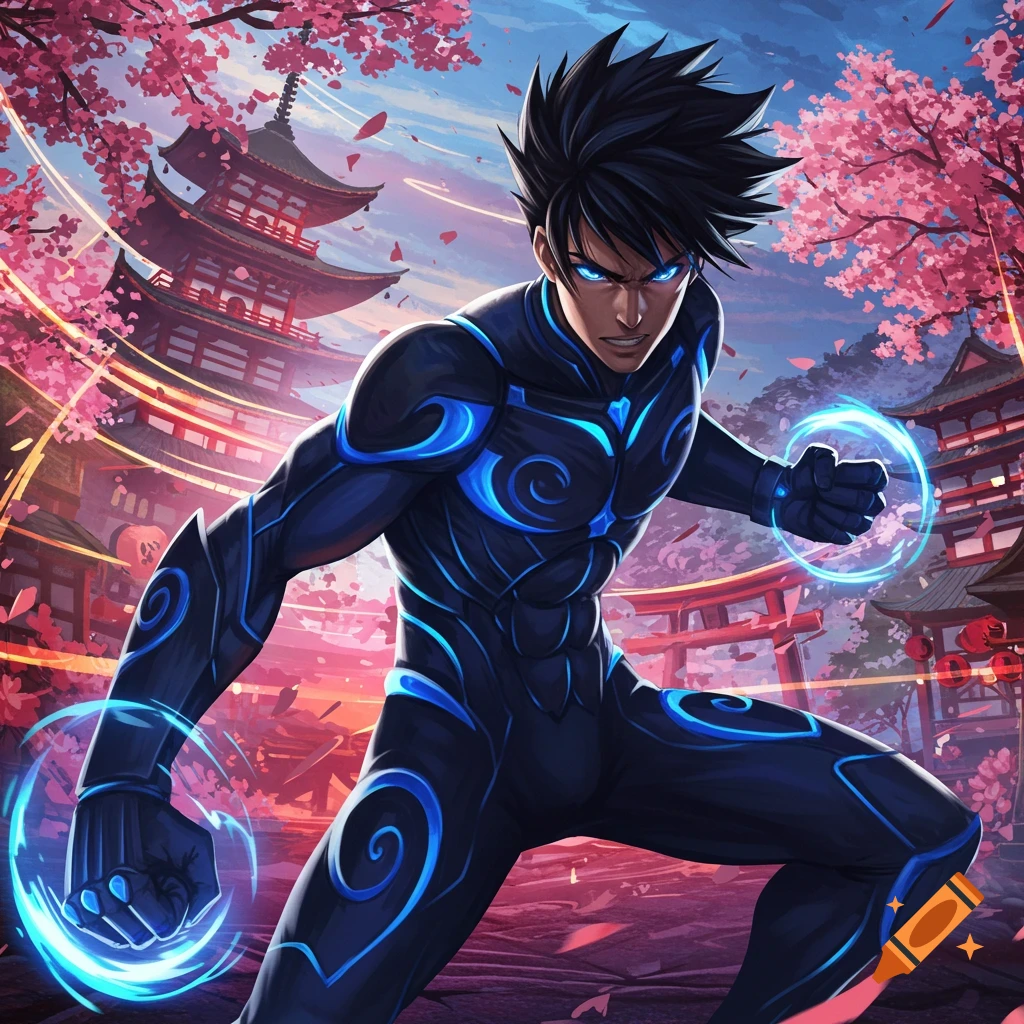 A stylized anime man in a black and blue suit generating energy, against a backdrop of a Japanese temple and cherry blossoms.