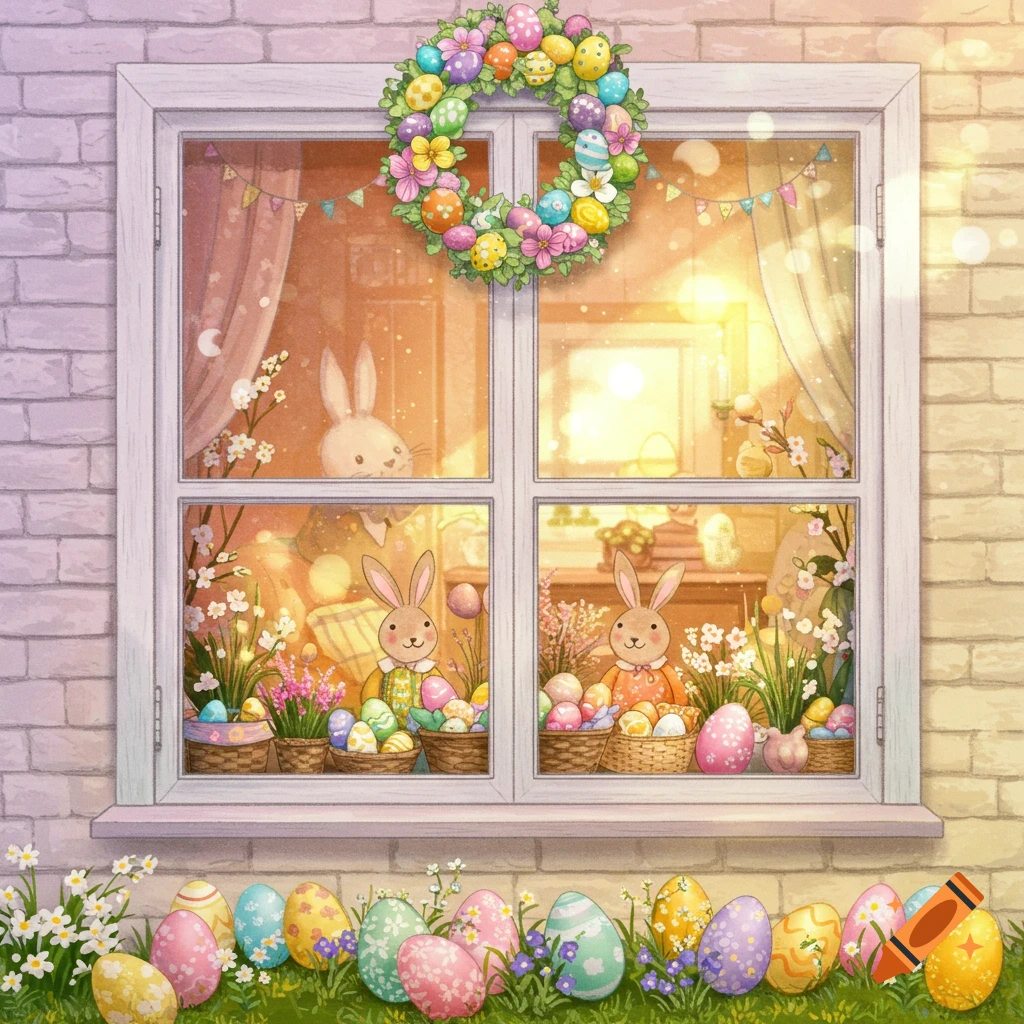 Easter scene through a window with bunnies, eggs, and a wreath.