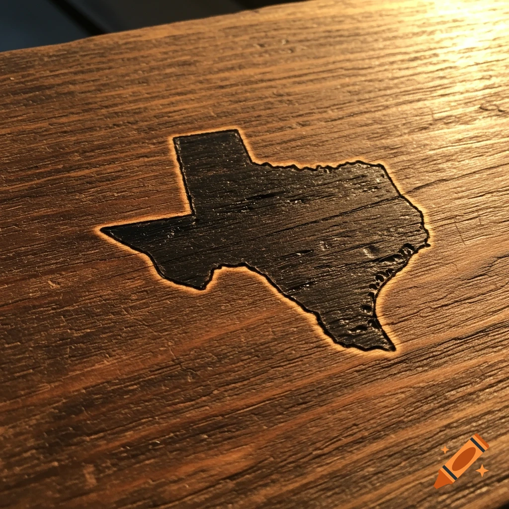 Texas state silhouette burnt into wood