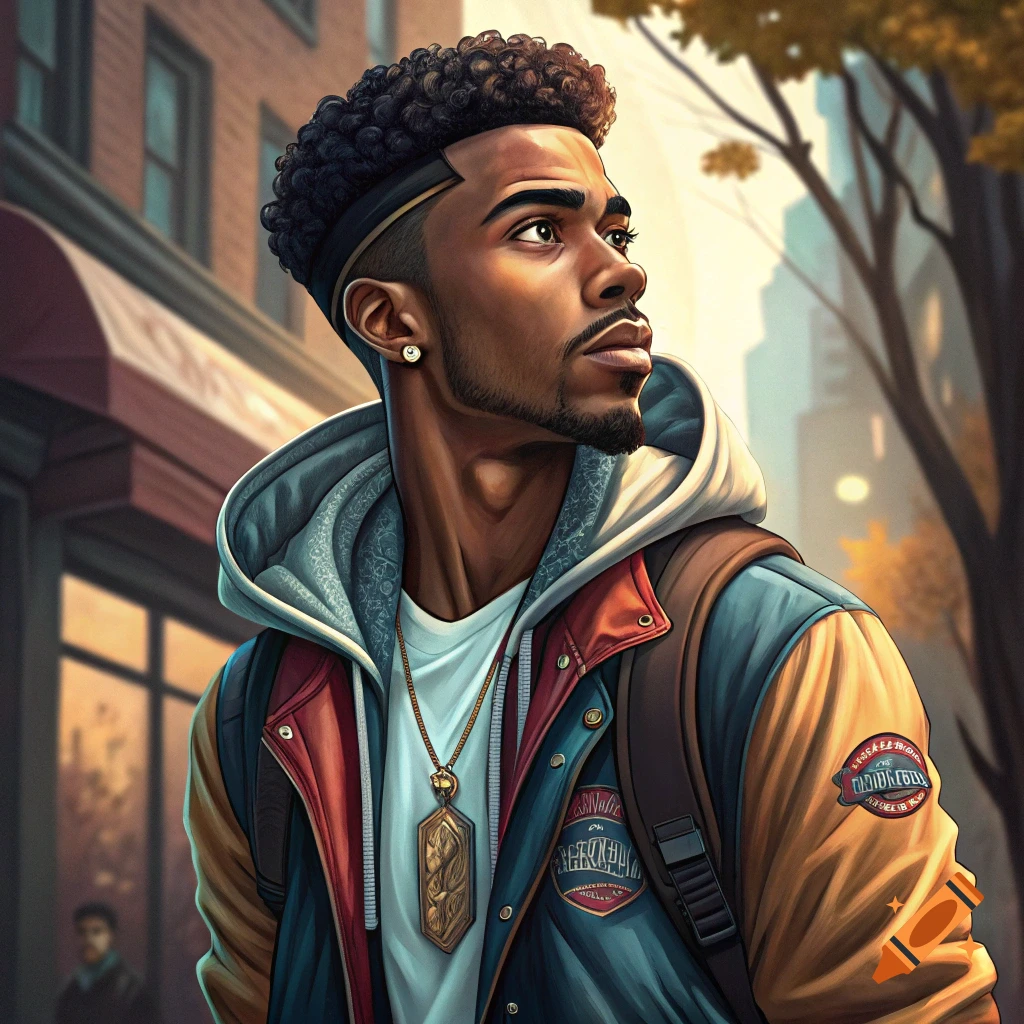 A young Black man in a hoodie and bomber jacket is looking up in an urban setting.