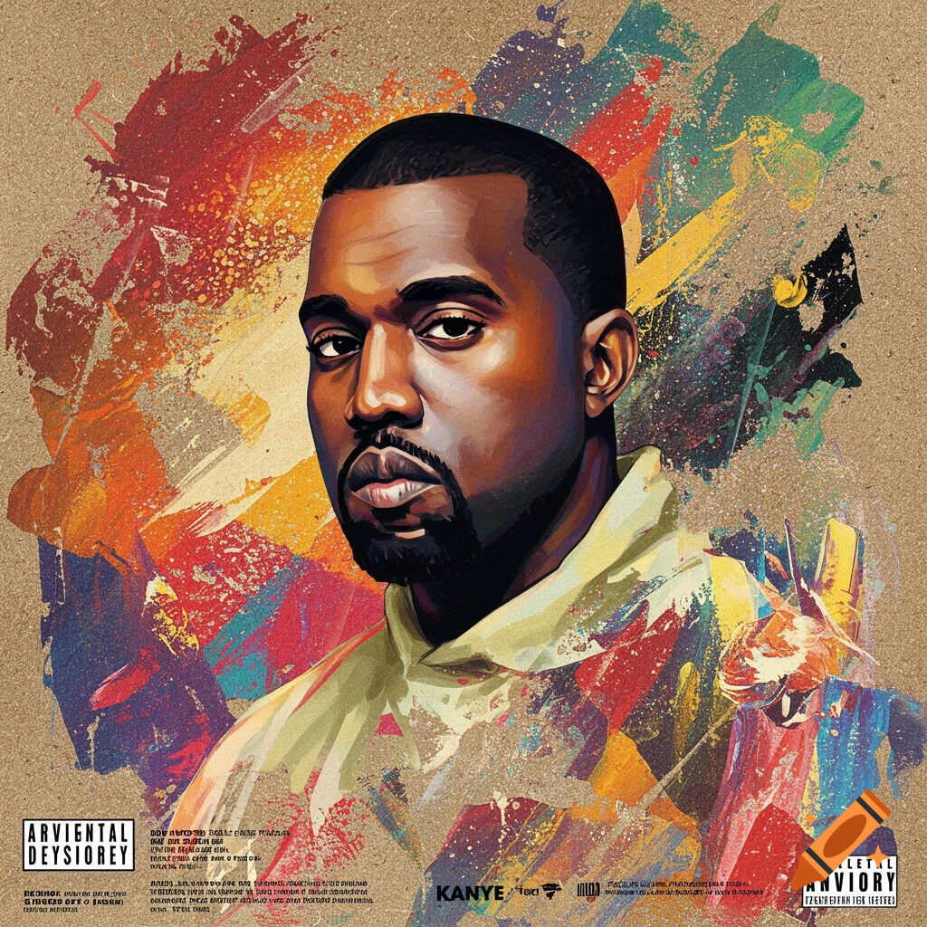 A portrait of Kanye West surrounded by colorful abstract art.